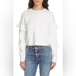 Alice and Olivia Nettie Ruffle Sleeve Crewneck Sweater Slightly Cropped White